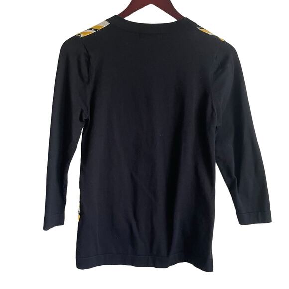 August Silk Women Cardigan Sweater S Navy Yellow Geometric Print Preppy Academia - Picture 3 of 11